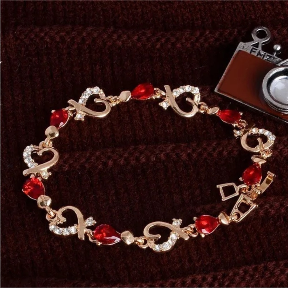 Gold Plated Red Cubic Zirconia Hearts Bracelet
